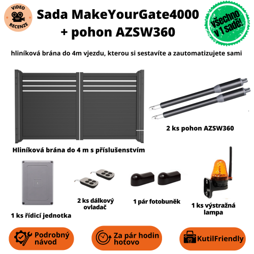 Sada Make Your Gate 4000 + pohon AZSW360 – hliníková brána do 4m vjezdu, kterou si sestavíte a zautomatizujete sami